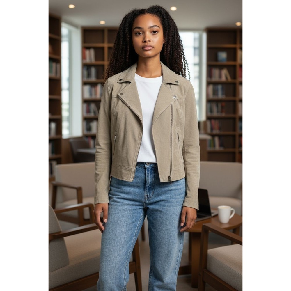 Chicos Suede Leather Jacket Size 1 Or M . Has Afew Defects Hardley Noticeable.